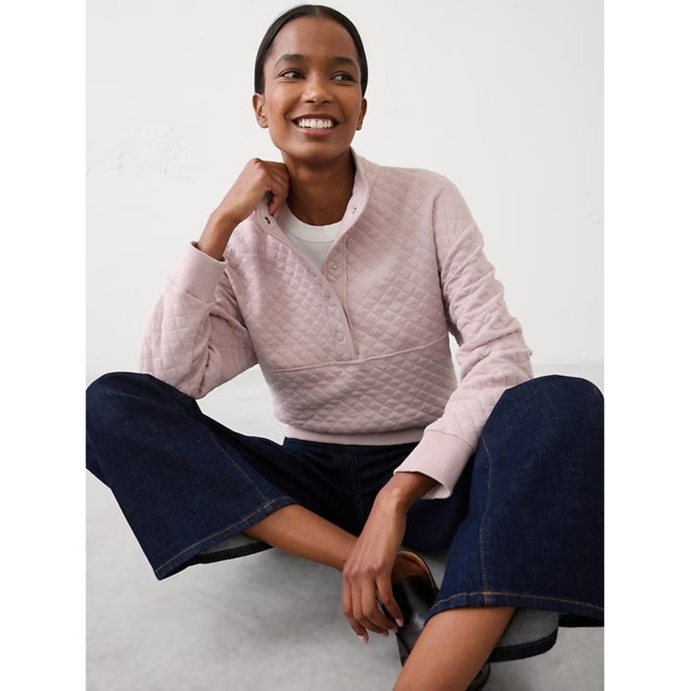Banana Republic Womens Quilted Snap Mock Neck Pullover Sweatshirt Pink Small